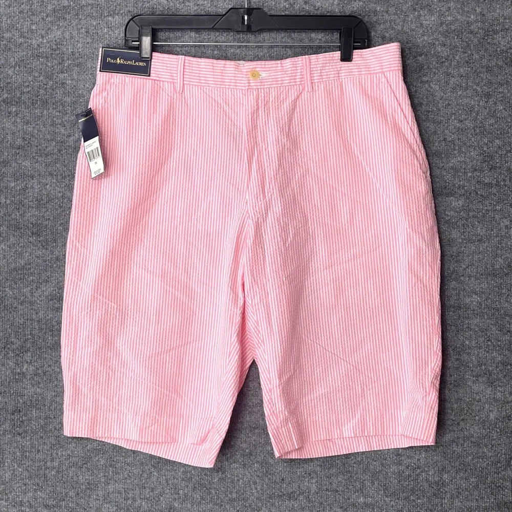 Polo Ralph Lauren Mens Pink White Seersucker Striped Shorts Cotton Size 35 NWT
